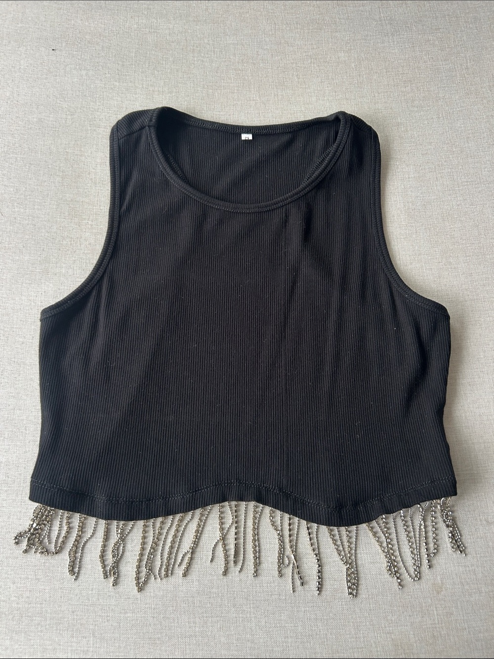Black Beaded Fringe Ribbed Crop Racerback Tank Top